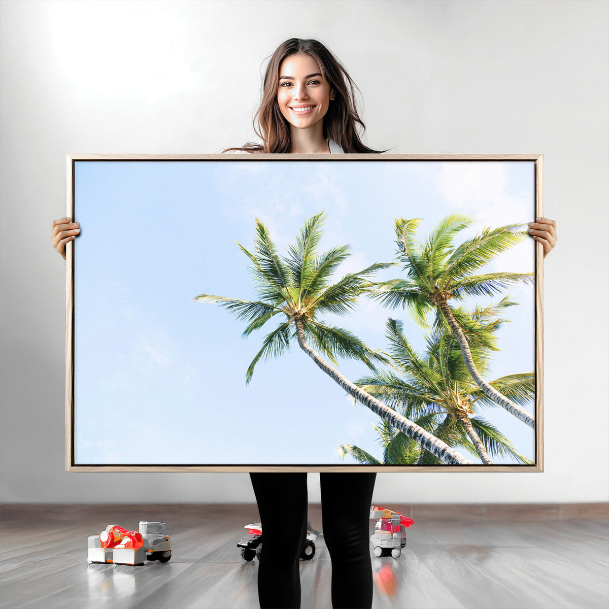Palm Trees Wall Art Canvas Print, Framed Tropical Coastal Scene Under Blue Sky