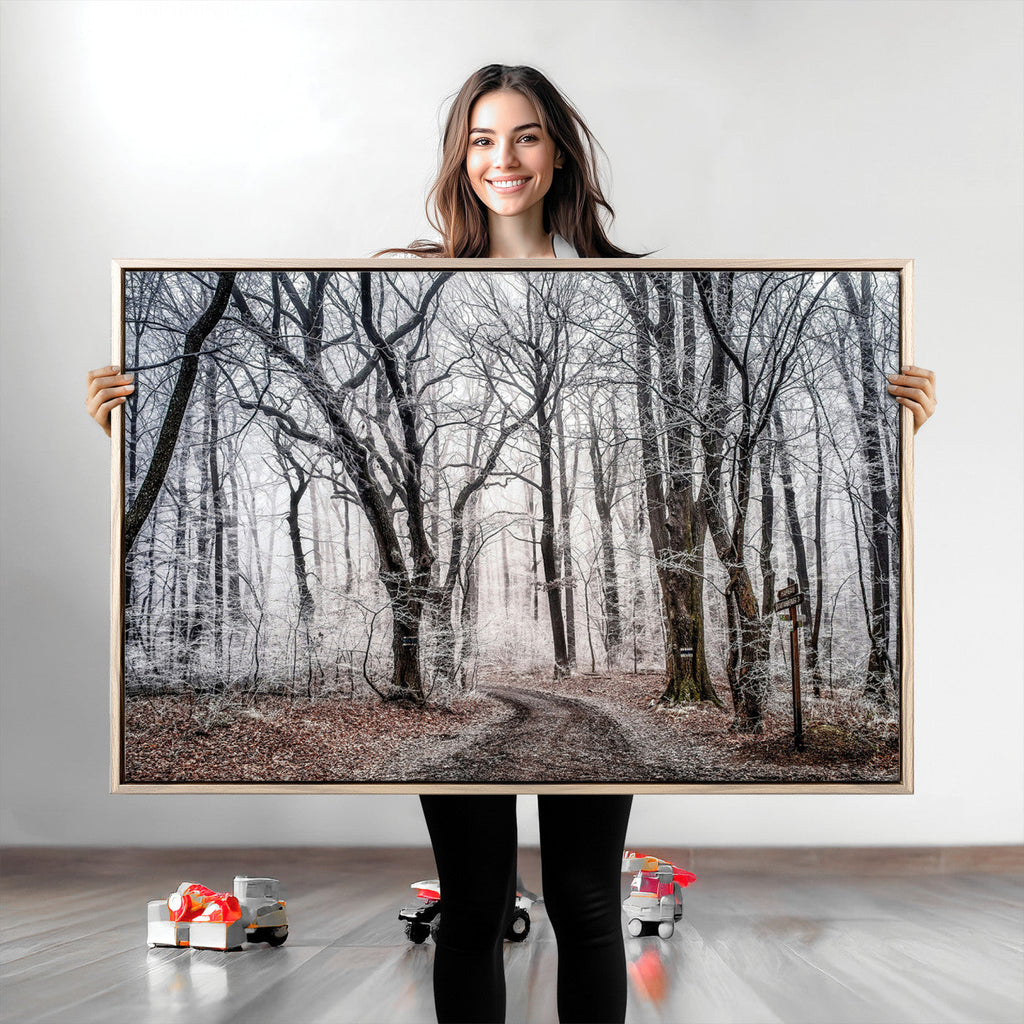 Winter Forest Wall Art Canvas Print, Framed Frosty Woodland with Misty Trees