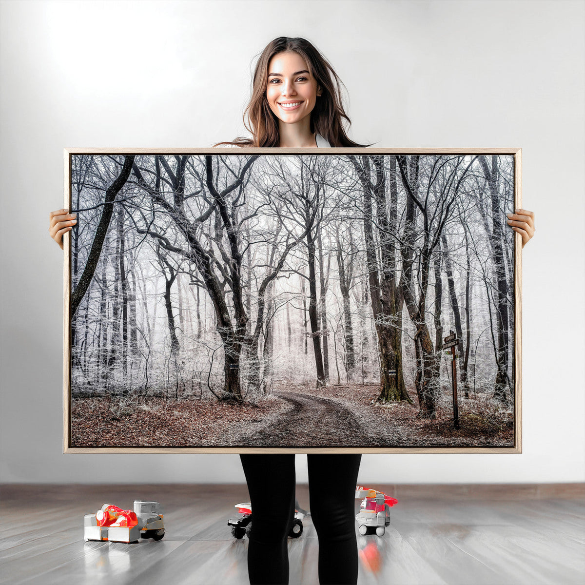 Winter Forest Wall Art Canvas Print, Framed Frosty Woodland with Misty Trees