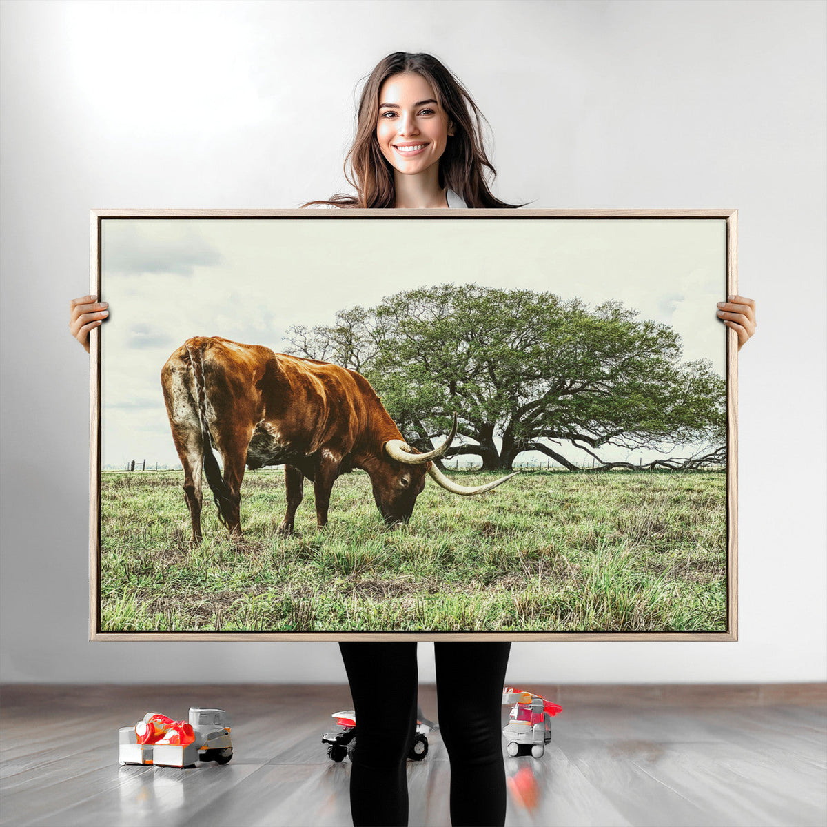 Texas Longhorn Wall Art Canvas Print, Framed Rustic Ranch Western Cattle