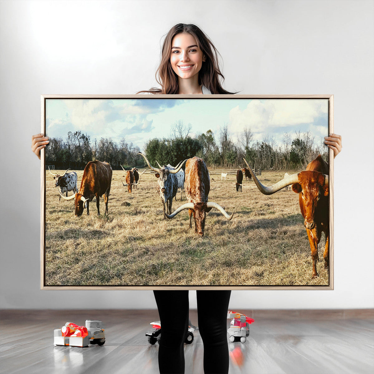 Texas Longhorns Wall Art Canvas Print, Framed Rustic Farm Scene Western Cattle