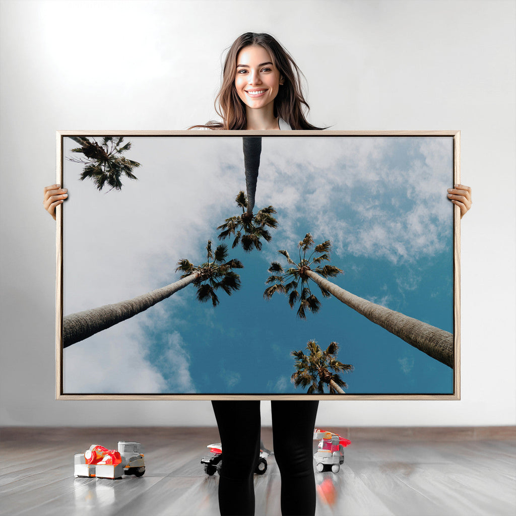 Tropical Palm Trees Wall Art Canvas Print, Framed California Sky Minimalist Nature