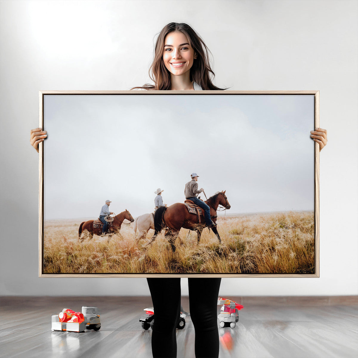 Western Cowboys Wall Art Canvas Print, Framed Horseback Riders on a Rustic Prairie