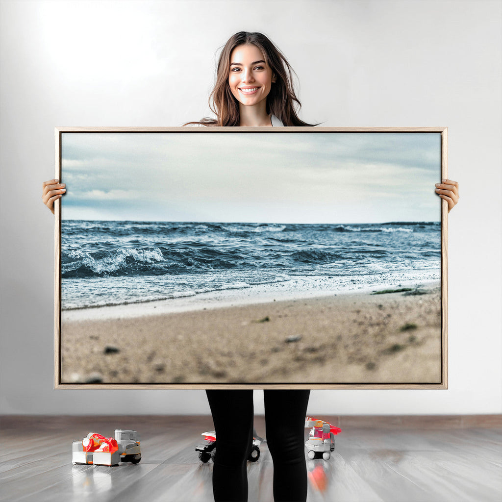 Ocean Wall Art Canvas Print, Framed Moody Seascape with Waves and Horizon