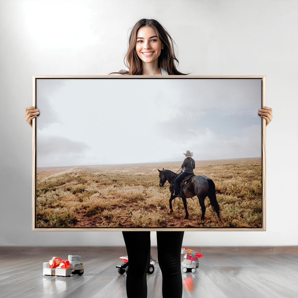 Cowboy Wall Art Canvas Print, Framed Western Rustic Ranch Scene