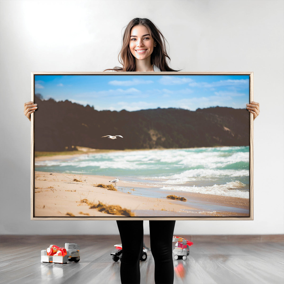 Tranquil Beach Wall Art Canvas Print, Framed Blue Ocean Waves on a Sandy Shore
