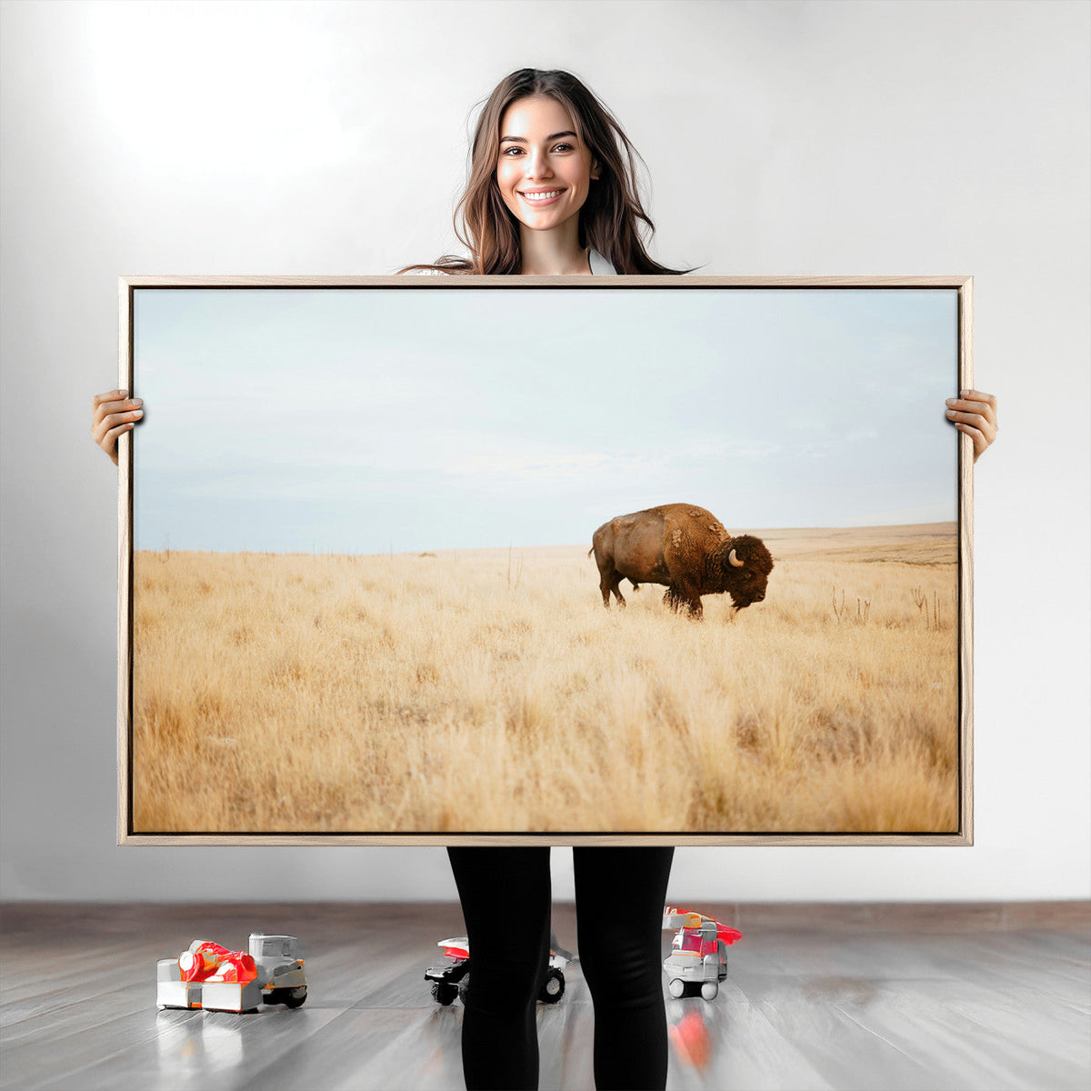 Buffalo Wall Art Canvas Print, Framed Western Wildlife Rustic Prairie Scene