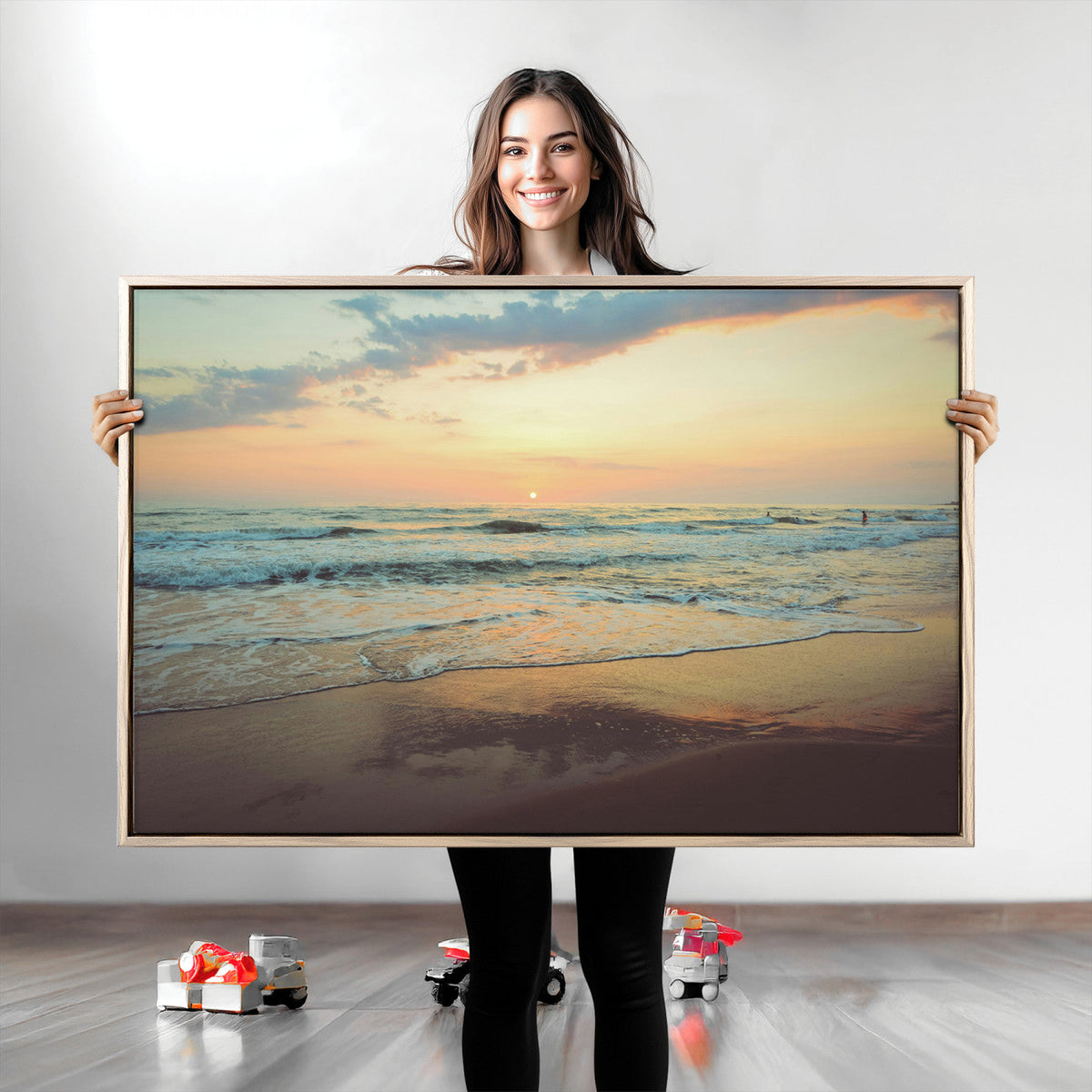 Sunset Seascape Wall Art Canvas Print, Framed Pastel Ocean View with Tranquil Shoreline