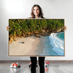 Tropical Beach Wall Art Canvas Print, Framed Ocean Waves and Palm Trees at Golden Sunset