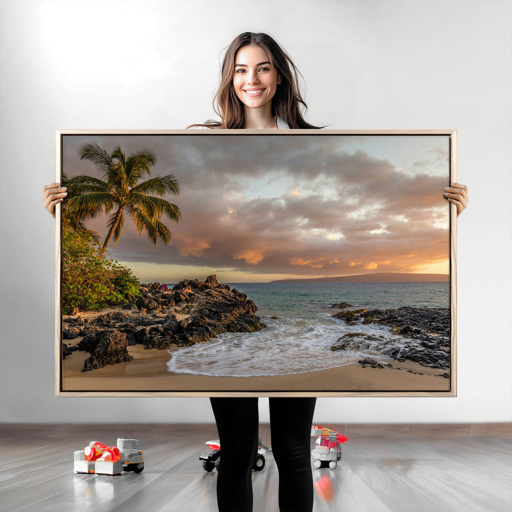 Tropical Beach Wall Art Canvas Print, Vibrant Hawaiian Sunset with Ocean Waves
