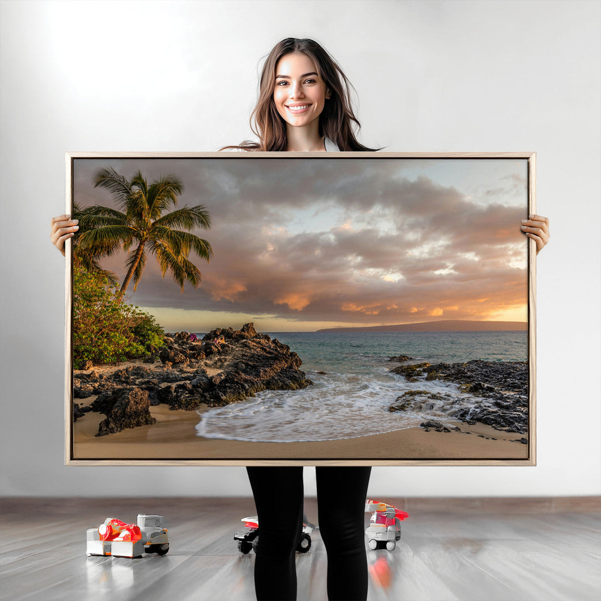 Tropical Beach Wall Art Canvas Print, Vibrant Hawaiian Sunset with Ocean Waves