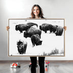 Buffalo Herd Wall Art Canvas Print, Framed Black and White Snowy Landscape