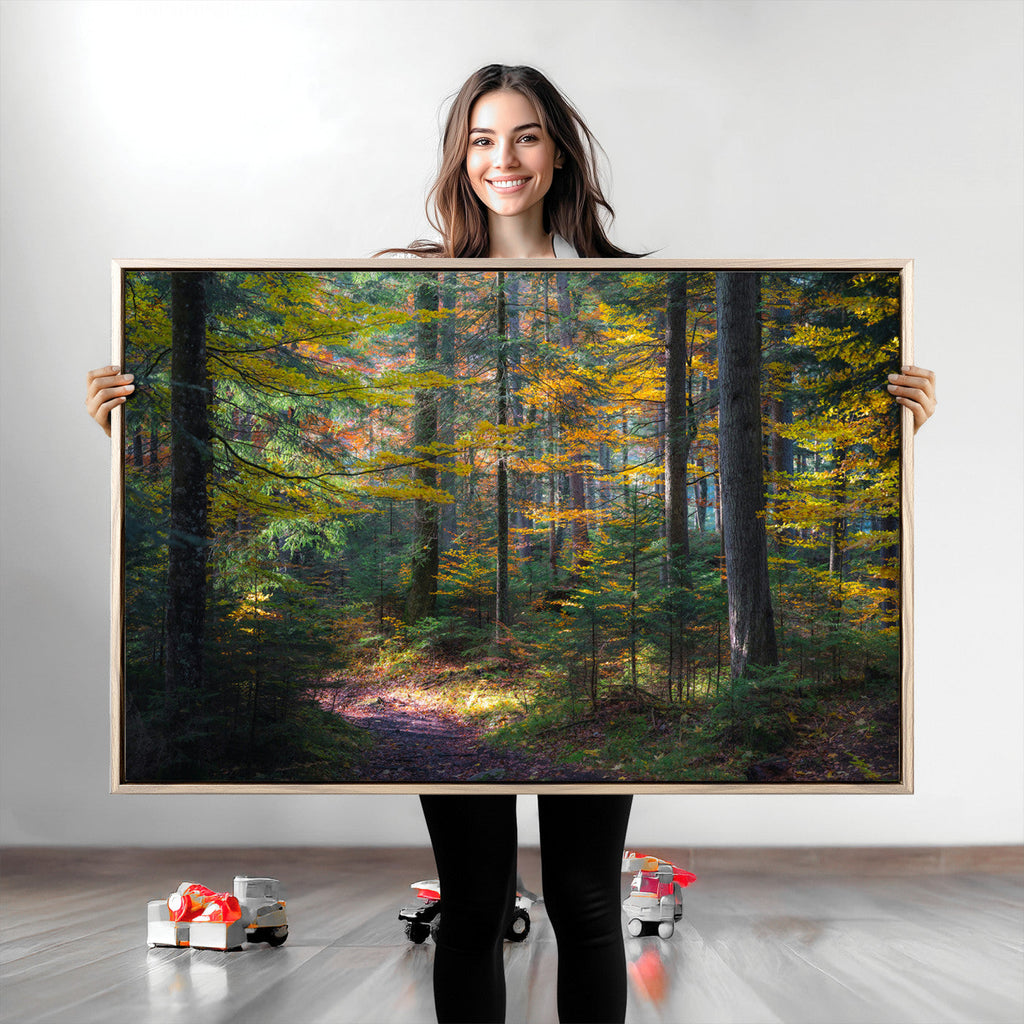 Autumn Forest Wall Art Canvas Print, Framed Fall Woodland with Golden Leaves