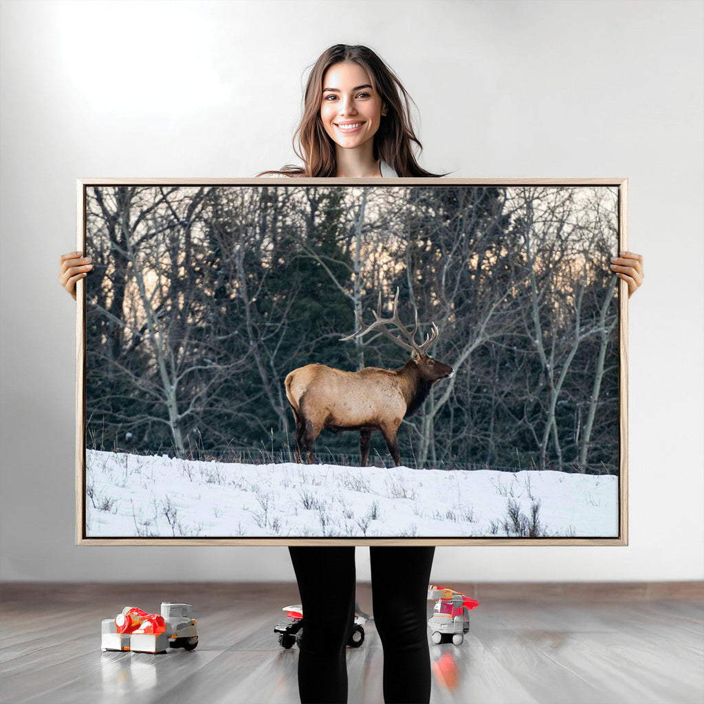 Wild Elk Wall Art Canvas Print, Framed Winter Wildlife in a Snowy Forest