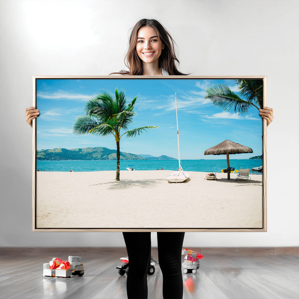 Tropical Beach Wall Art Canvas Print, Framed Palm Tree Ocean View with Calm Waves