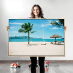 Tropical Beach Wall Art Canvas Print, Framed Palm Tree Ocean View with Calm Waves