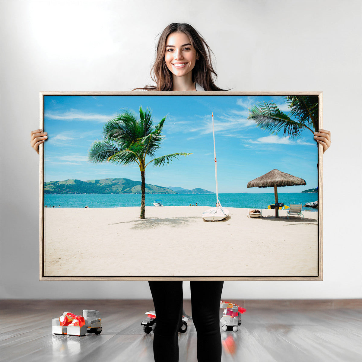 Tropical Beach Wall Art Canvas Print, Framed Palm Tree Ocean View with Calm Waves