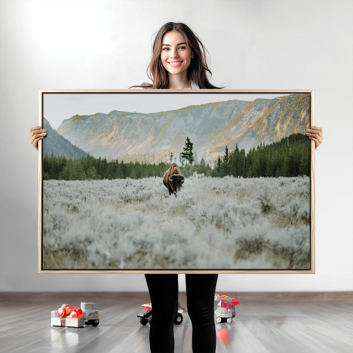 Wild Bison Wall Art Canvas Print, Majestic Mountain Pines and Misty Wilderness