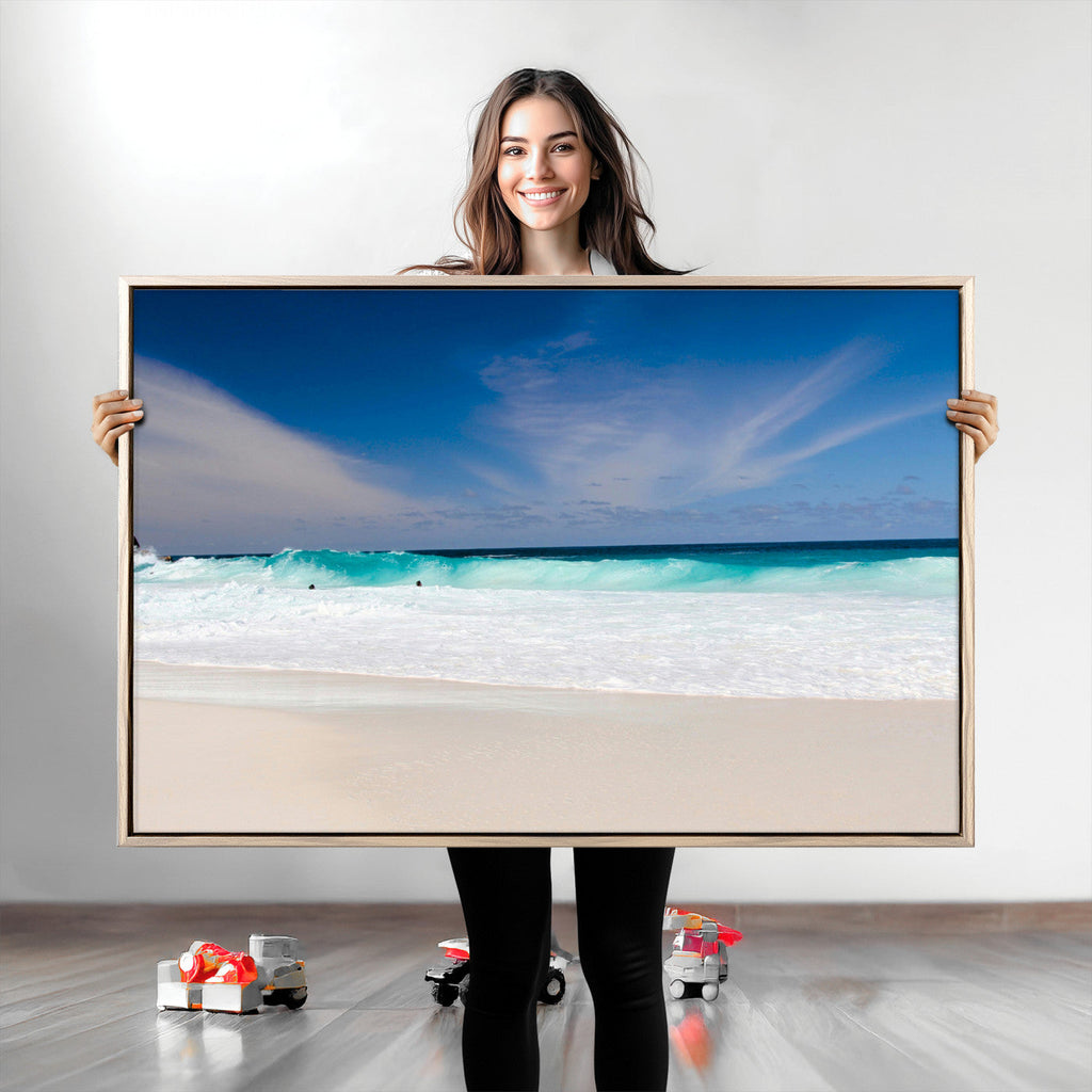 Ocean Breeze Wall Art Canvas Print, Aqua Waves and Coastal Horizon Under a Blue Sky