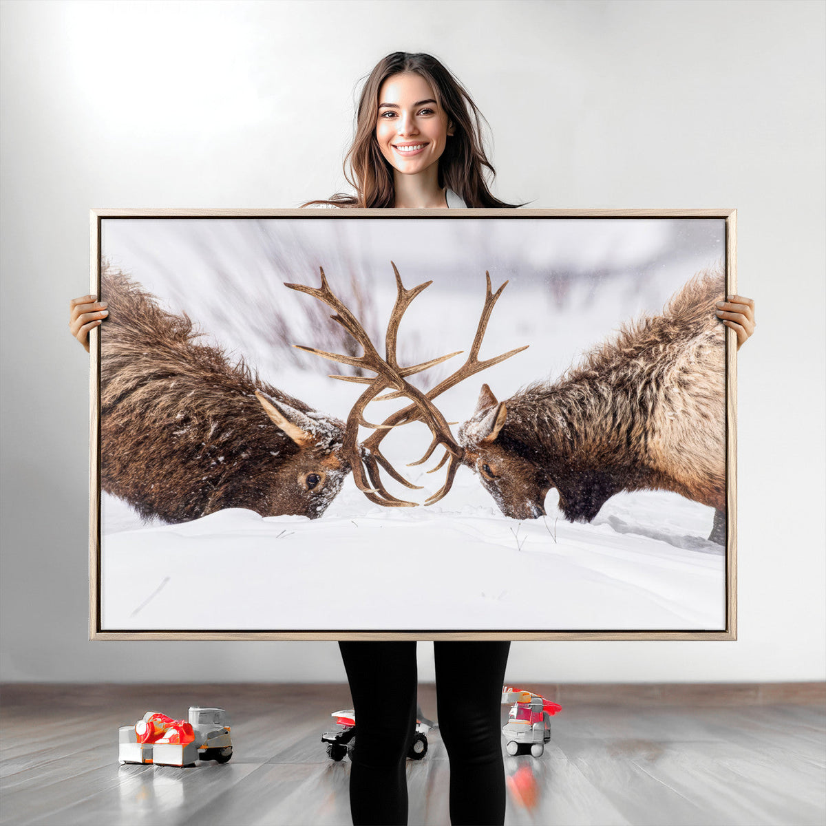 Dramatic Elk Antler Battle Wall Art Canvas Print, Snowy Wildlife Scene