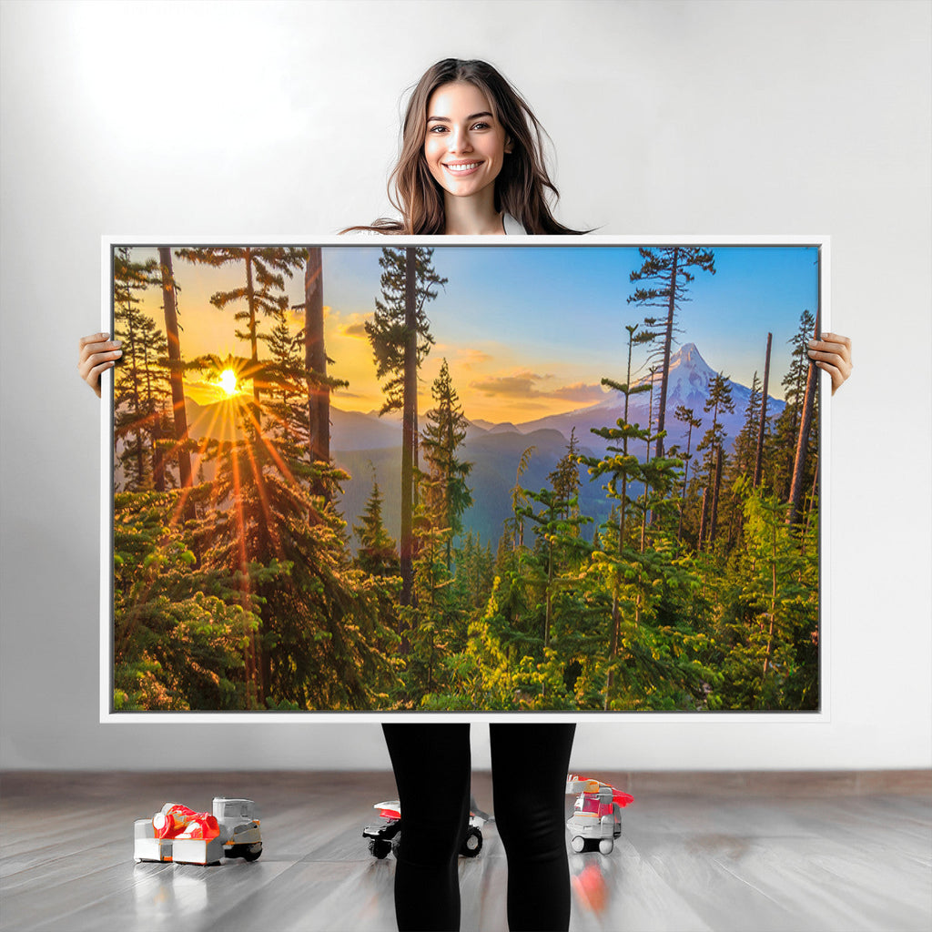 Forest Sunset Wall Art Canvas Print | Green Pines in Golden Light