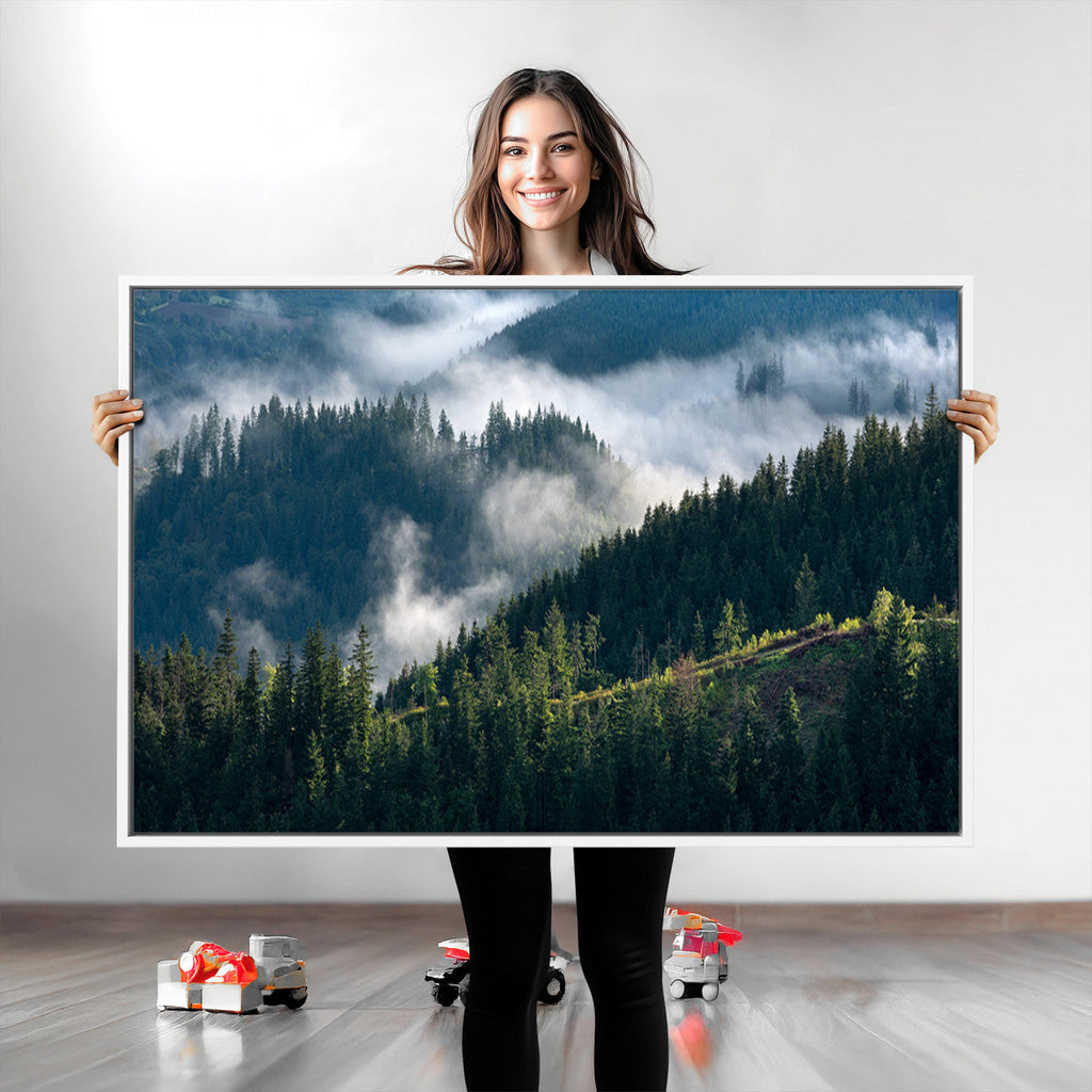Misty Forest Wall Art Canvas Print | Pine Hills with Foggy Trees