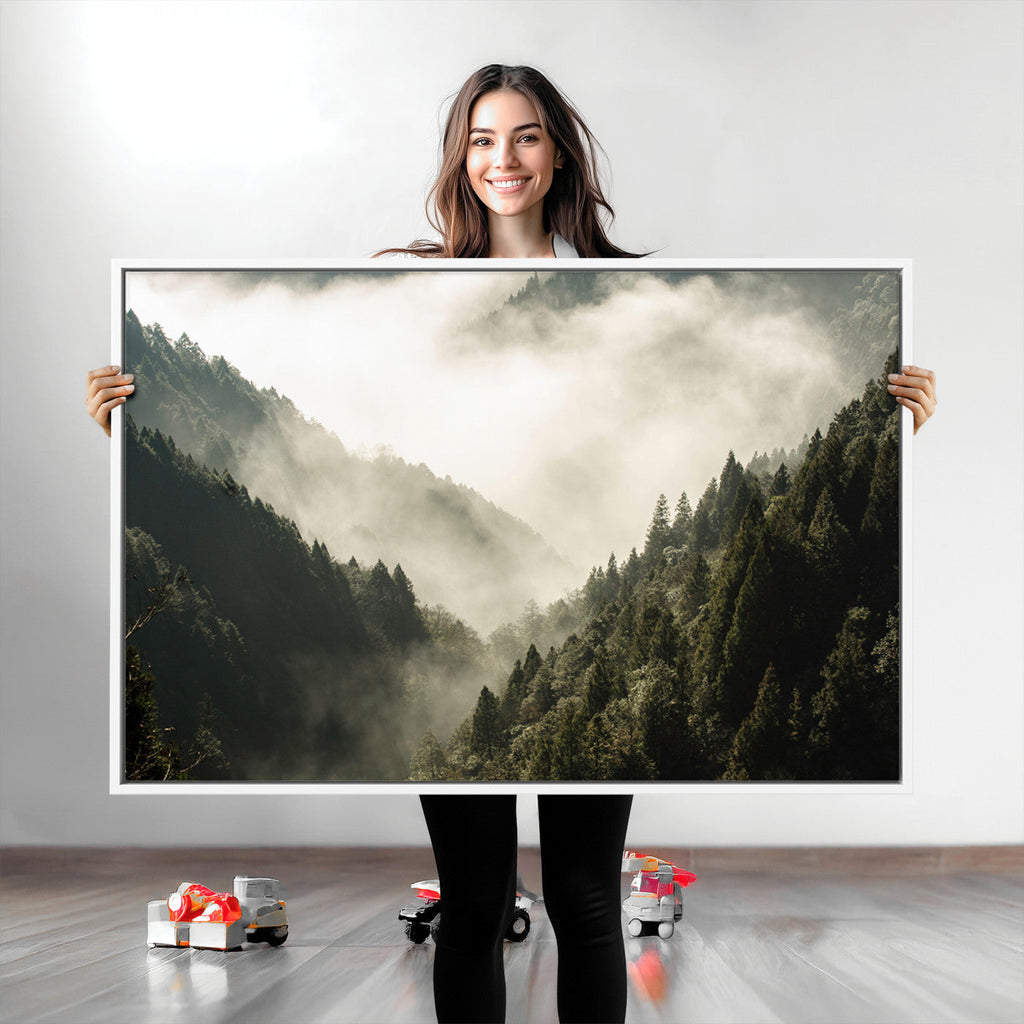 Misty Valley Wall Art Canvas Print | Foggy Forest and Pine Trees