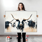 Texas Longhorn Wall Art Canvas Print | Majestic Horned Bull in Black and White