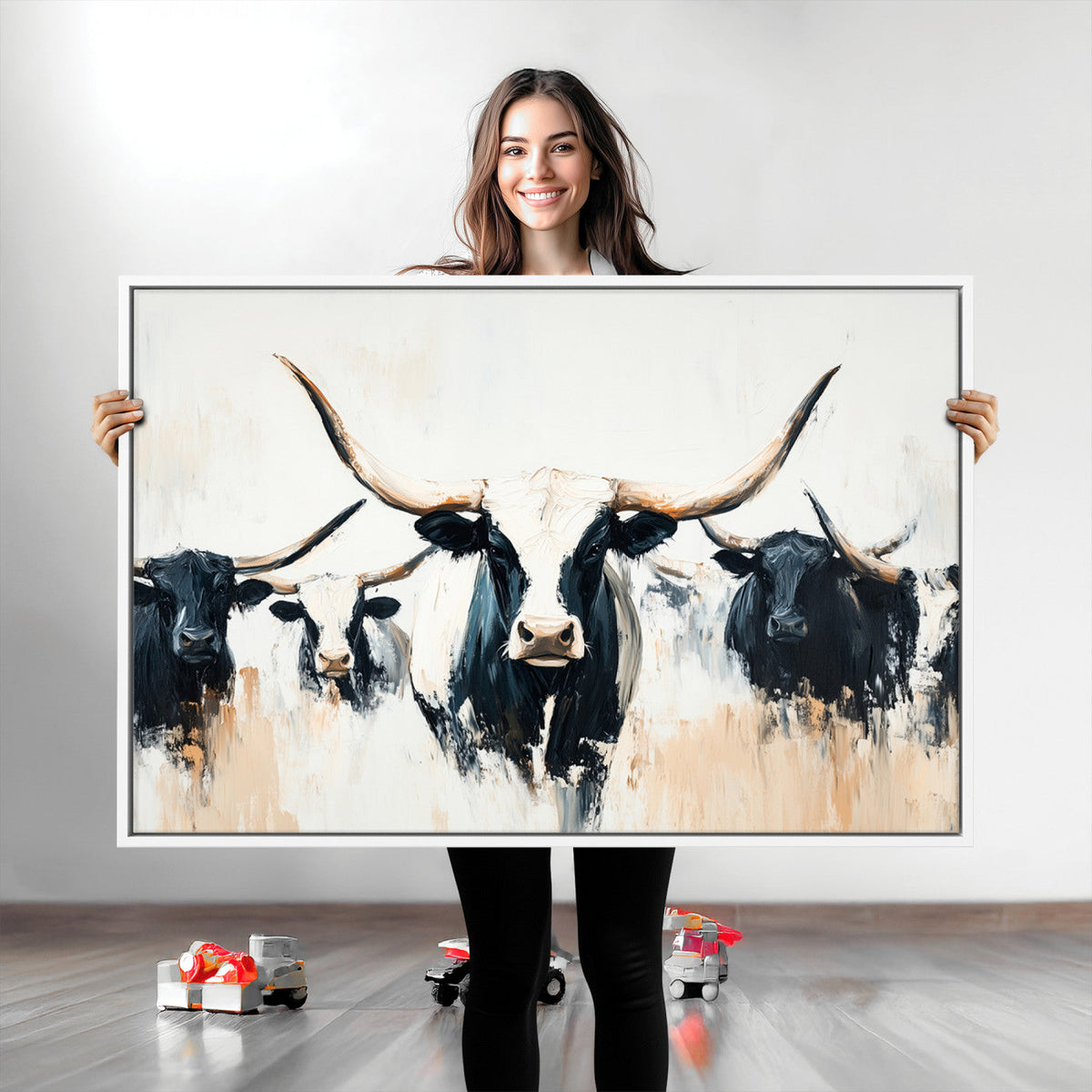 Texas Longhorn Wall Art Canvas Print | Majestic Horned Bull in Black and White