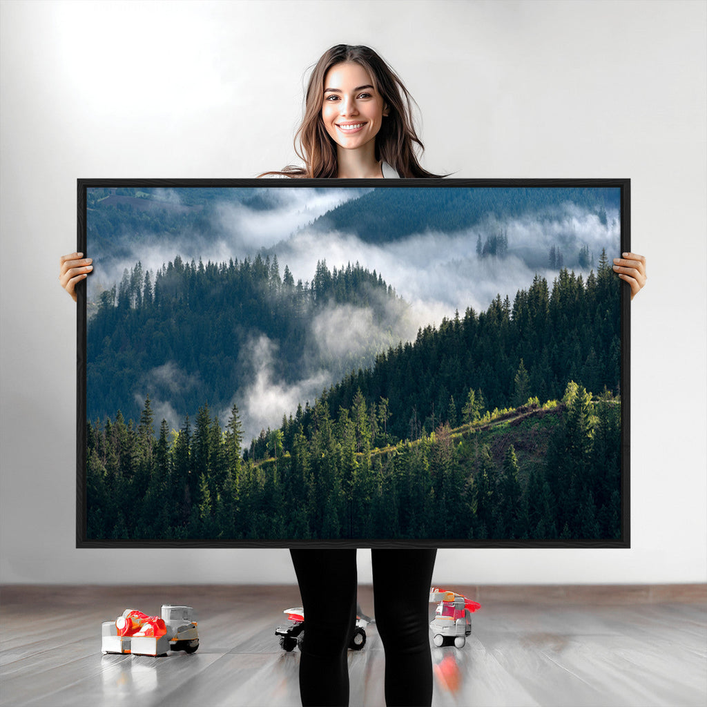 Misty Forest Wall Art Canvas Print | Pine Hills with Foggy Trees