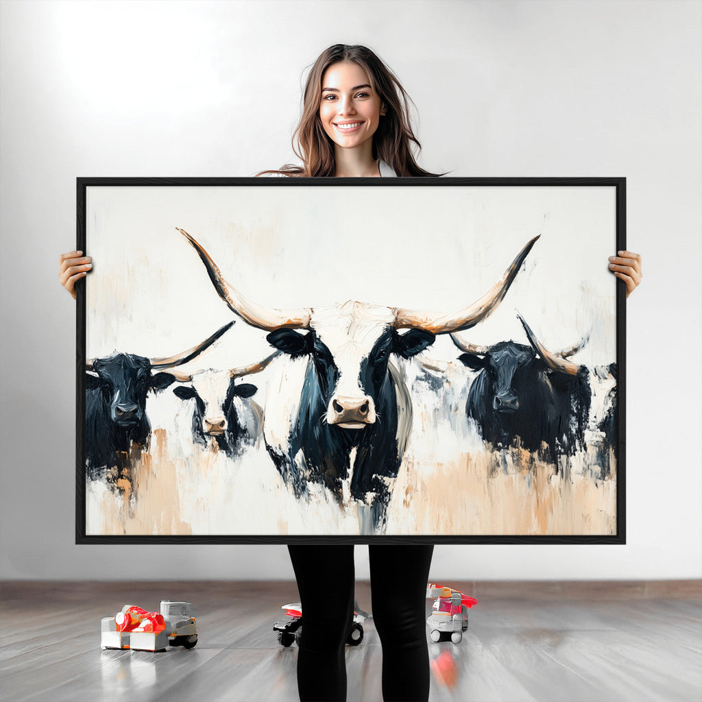 Texas Longhorn Wall Art Canvas Print | Majestic Horned Bull in Black and White