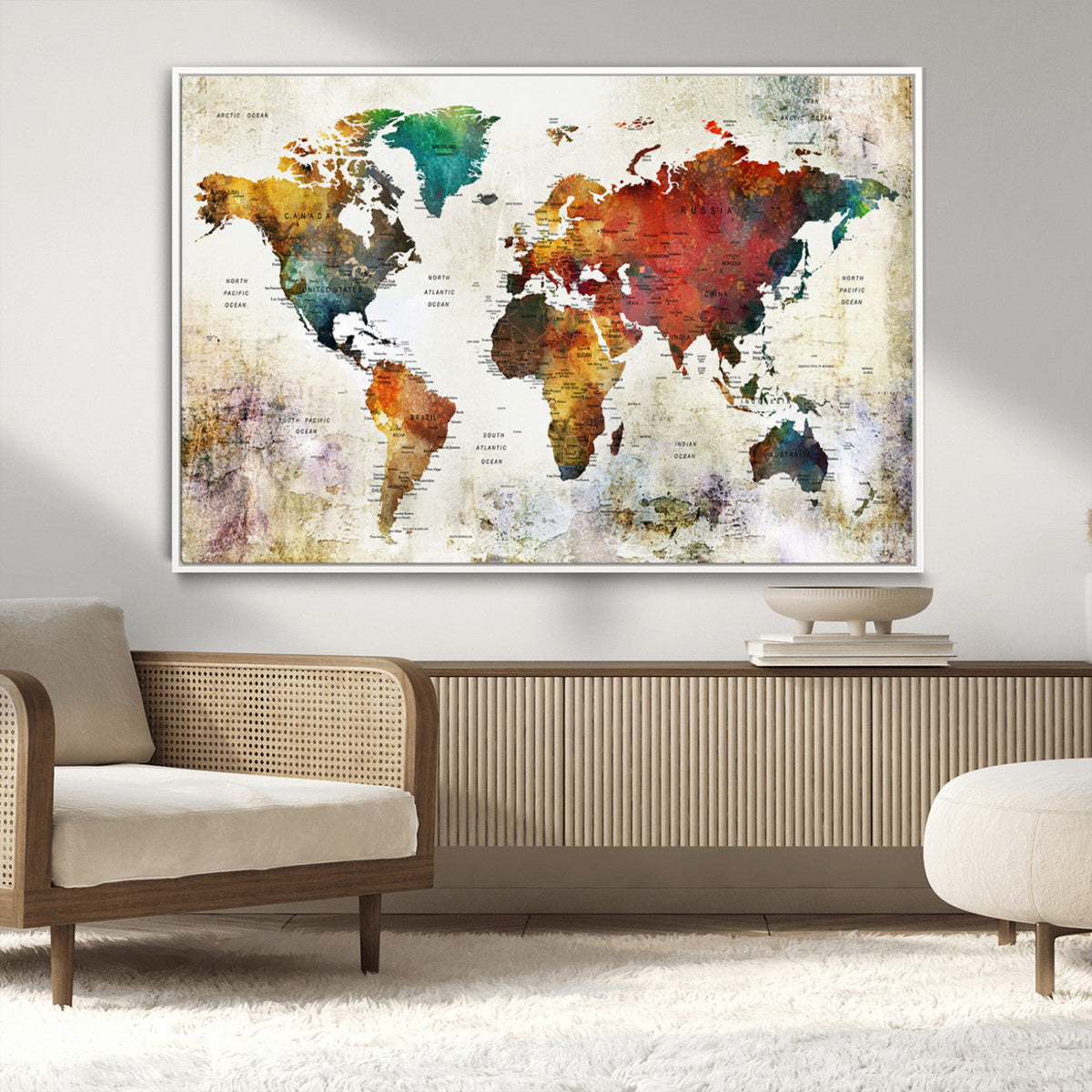 Watercolor World Map Canvas Print | Framed Travel Map Wall Art for Couples