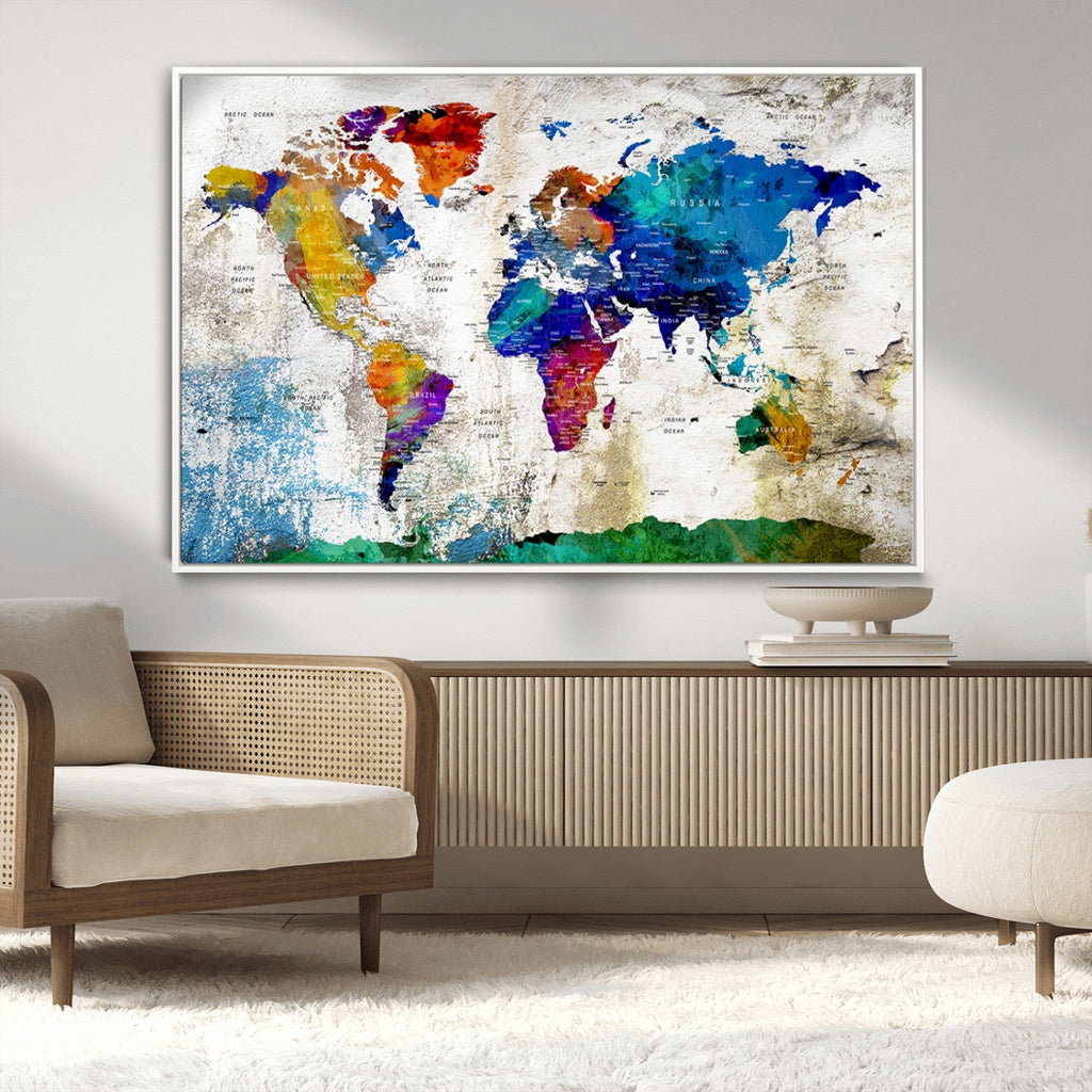 Navy Blue and Orange Watercolor World Map Canvas Print | Framed Travel Map