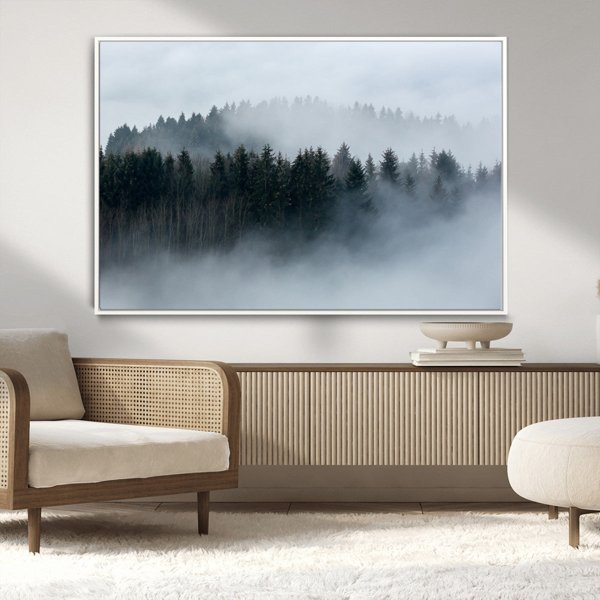 Autumn and Misty Trees in the Forest Wall Art Canvas Print, Foggy Forest Mountain Wall Art