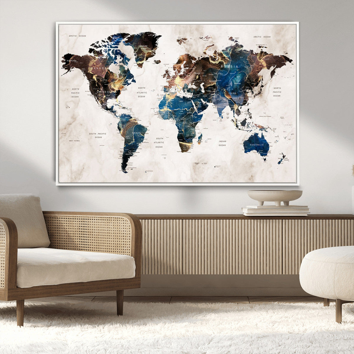 Abstract Earth Tone Blue World Map Canvas Print | Framed Travel Map Wall Art