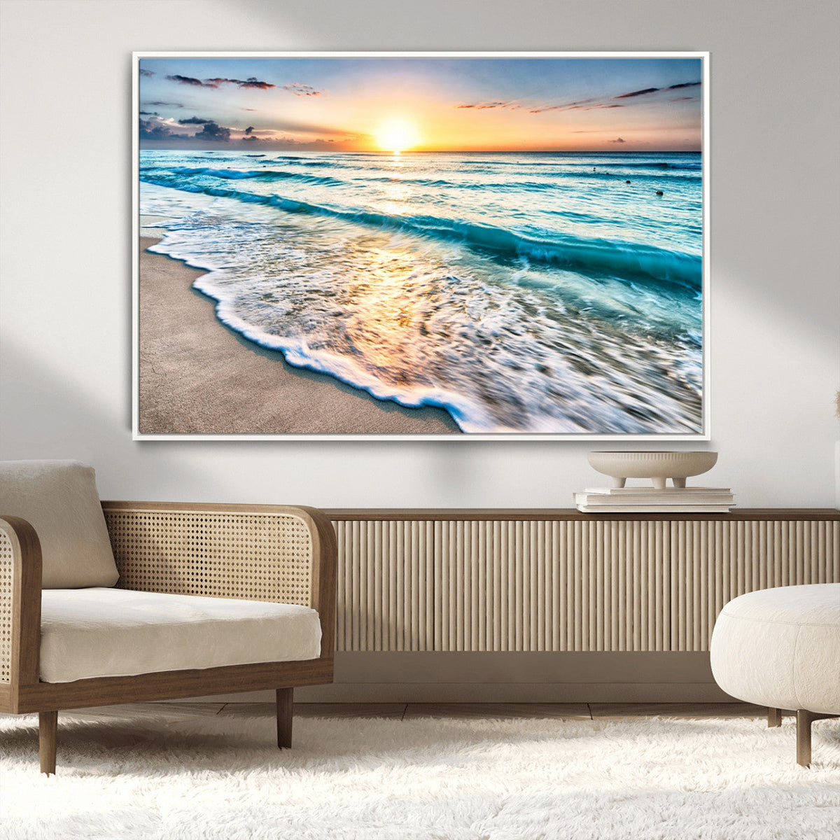 Sunset Beach Waves Canvas Wall Art | Ocean Sunset Coastal Print