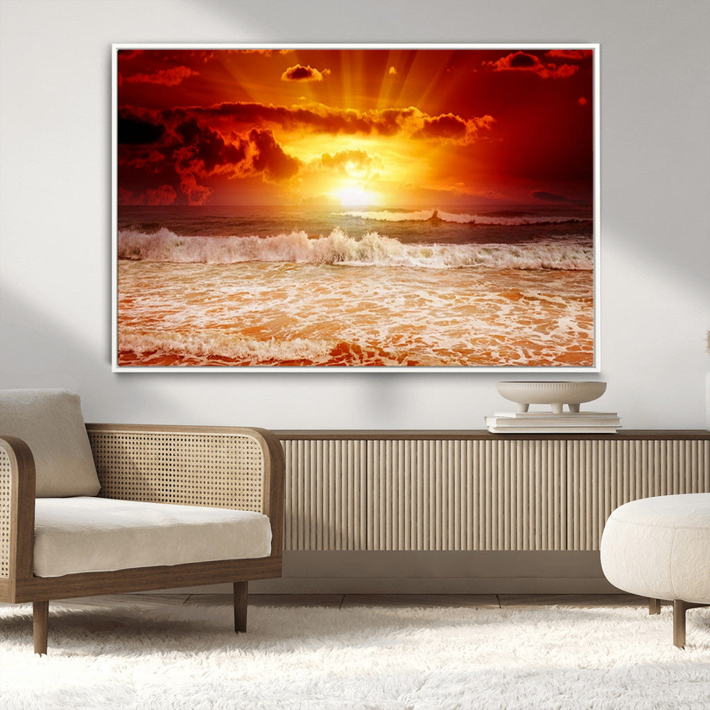 Red Sunset Ocean Beach Canvas Wall Art, Coastal Sunset Print