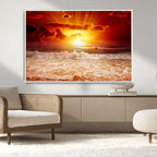 Red Sunset Ocean Beach Canvas Wall Art, Coastal Sunset Print