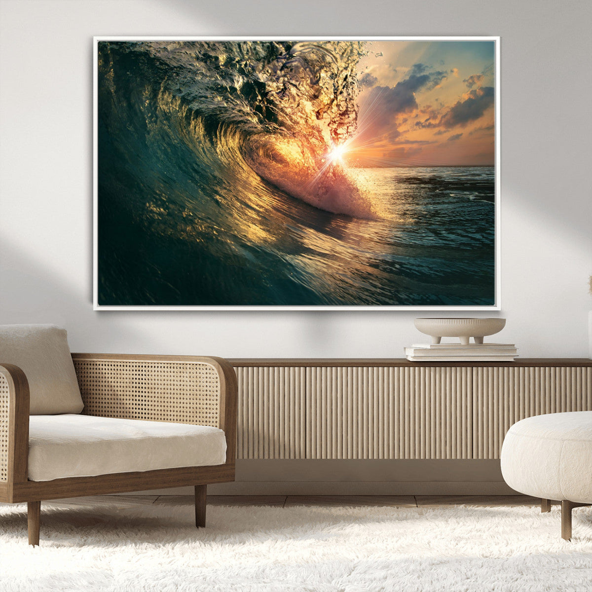 Ocean Wave Sunset Canvas Wall Art | Triptych Seascape Print
