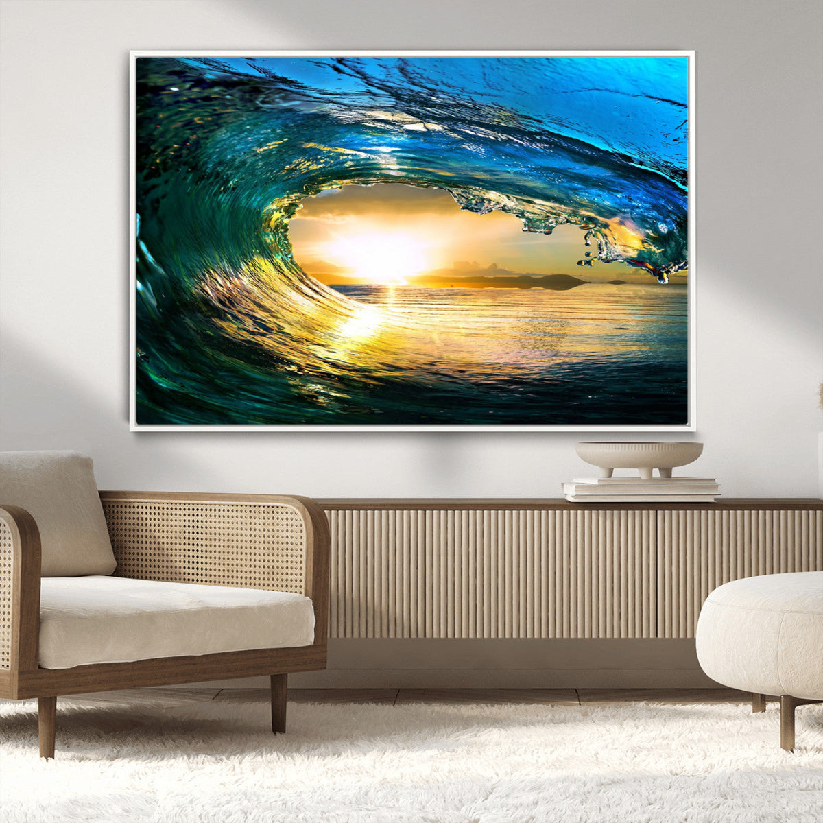 Ocean Wave at Sunset Canvas Art, Large Wall Print of Vibrant Surfing Wave