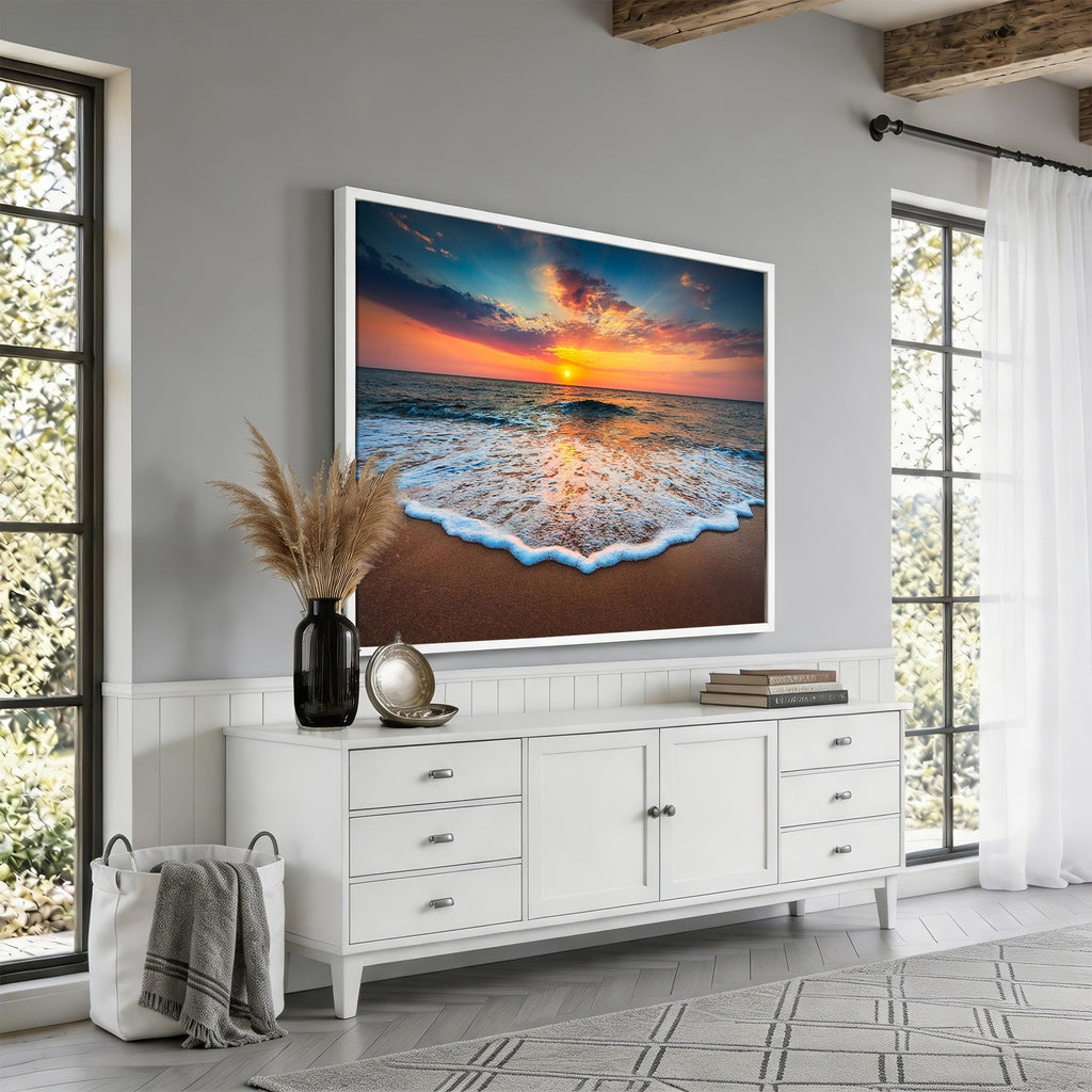 Sunset Beach Canvas Wall Art | Colorful Ocean Waves Triptych