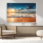 Golden Sunset Beach Triptych Canvas Art, Giclee Coastal Wall Decor, Ocean Waves Print