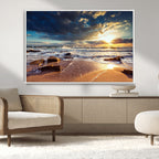 Golden Hour Beach Sunset Canvas Triptych, Ocean Waves and Rocks Wall Art