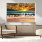 Golden Sunset Beach Canvas Wall Art | Triptych Seascape Print, Framed and Ready to Hang