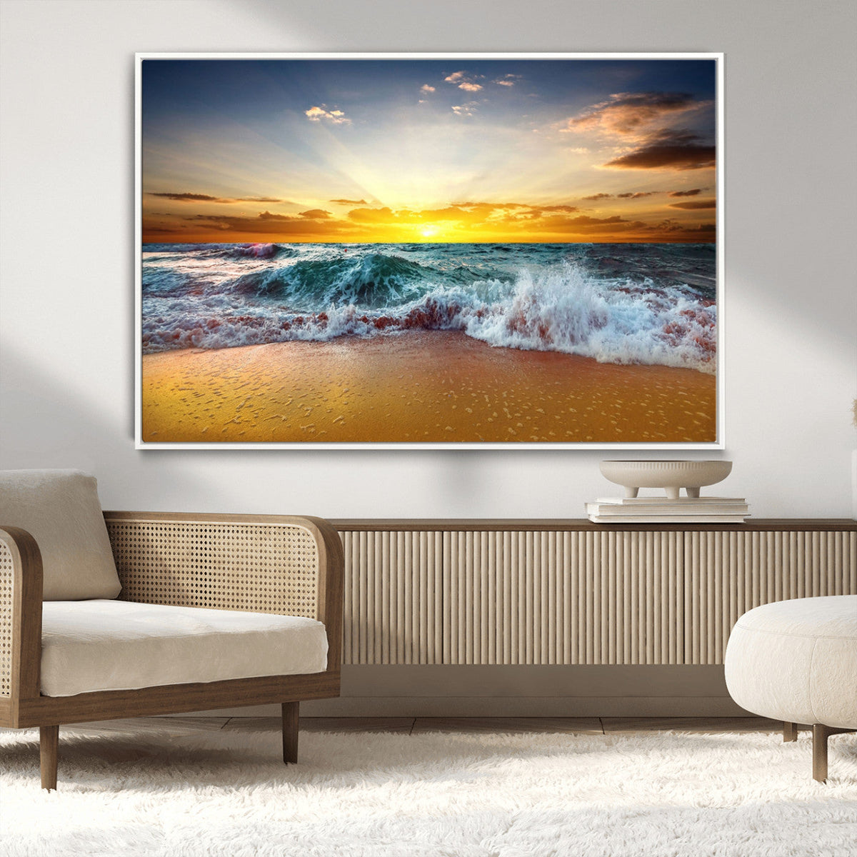 Golden Sunset Ocean Waves Wall Art Canvas Print | Multi Panel Beach Canvas Set, Coastal Triptych