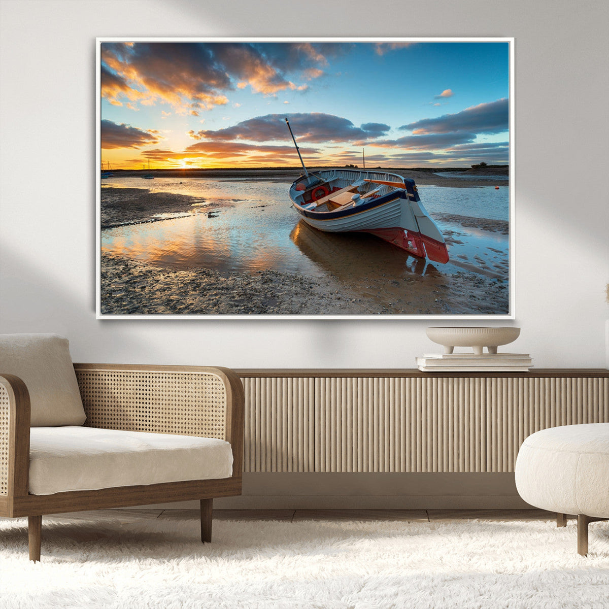 Small Boat At The Beach Sunset Wall Art, Boat Sunset Wall Art Canvas Print