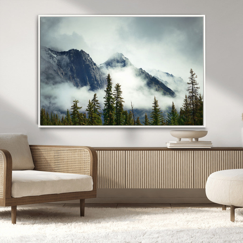 Mountain Mist Canvas Wall Art Print | 3-Panel Foggy Forest and Mountain Landscape