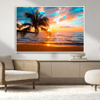 Palm Tree Sunset On The Beach Wall Art Canvas, Framed Palm Tree Sunset Canvas Print