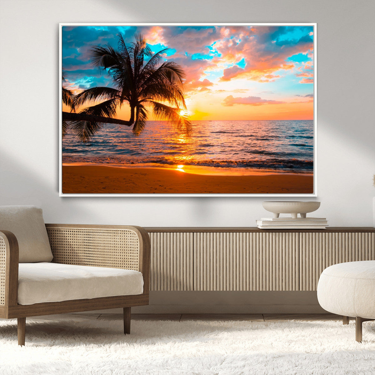 Palm Tree Sunset On The Beach Wall Art Canvas, Framed Palm Tree Sunset Canvas Print