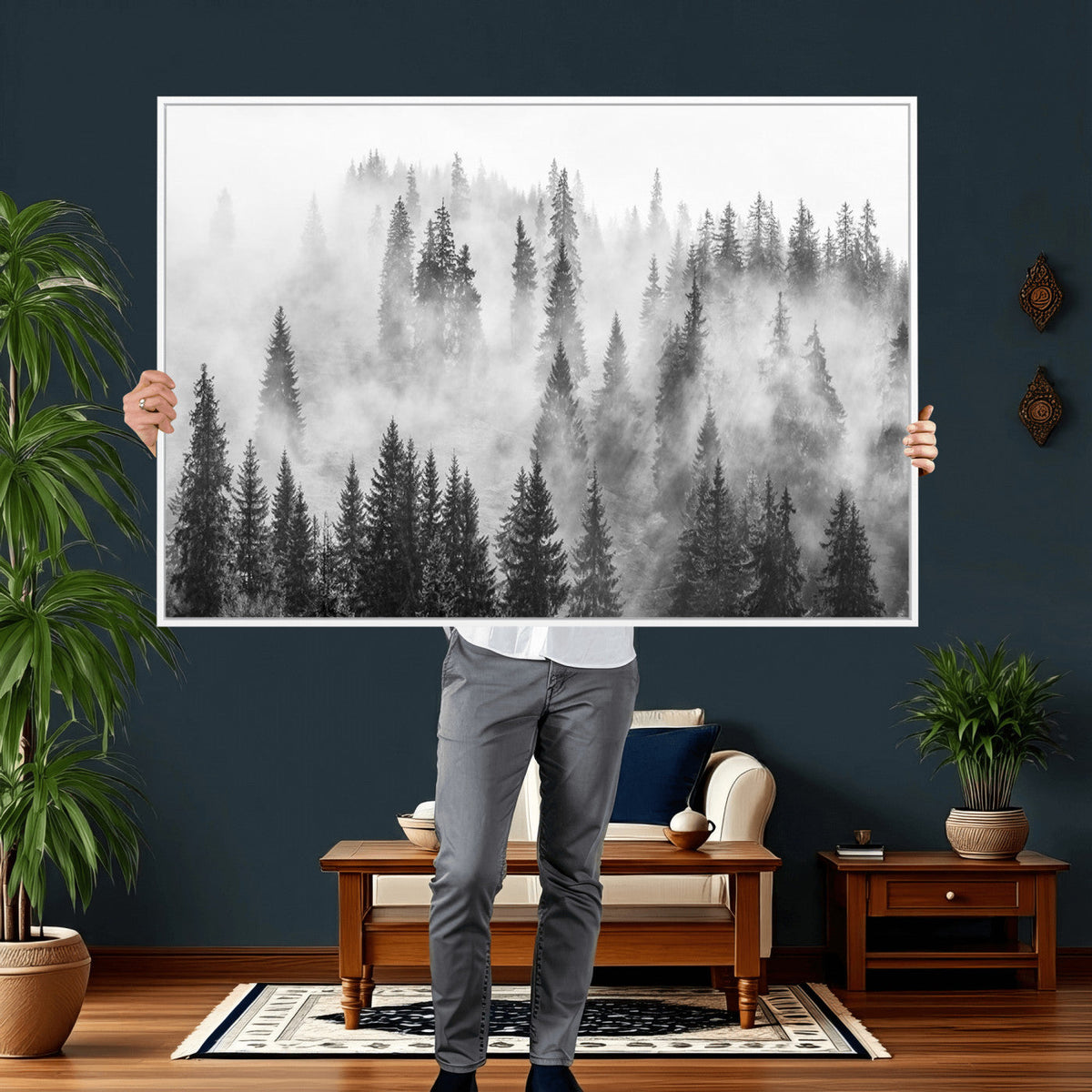 Forest Wall Art Print | Foggy Pine Forest Canvas Wall Art, Black and White Nature Decor